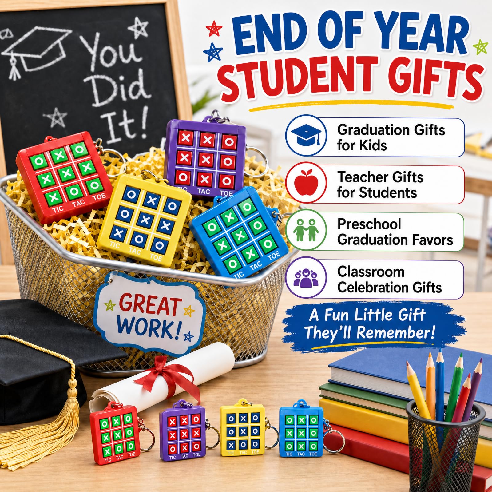 Hicarer 16-Pack Mini Tic Tac Toe Keychains – Party Favors, Classroom Prizes, Travel Games for Kids 3-12