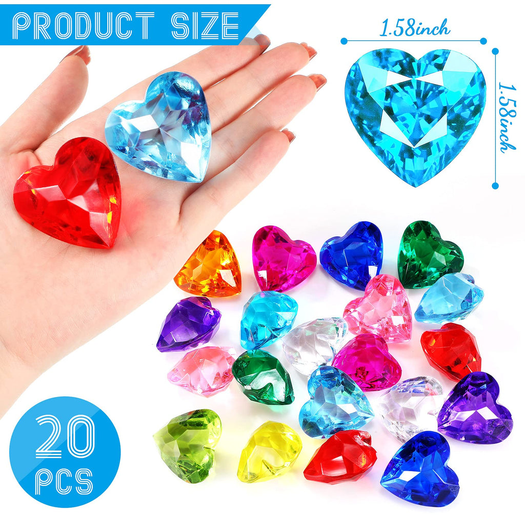 Hicarer 20 Acrylic Heart Gems for Pool Diving & Treasure Hunts - 12 Colors, 1.58 Inch