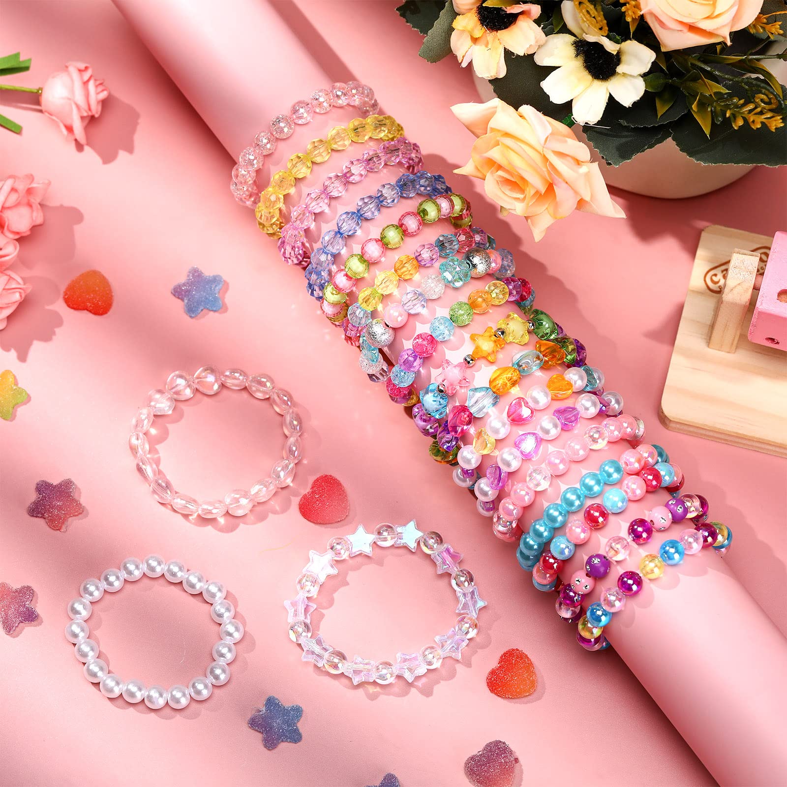 Hicarer 20-Piece Rainbow Bead Bracelets for Girls – Stretchy Princess Bracelets for Birthdays and Dress-Up
