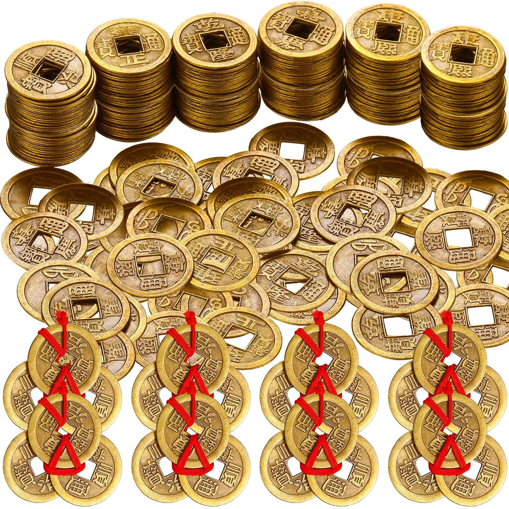 Hicarer 230-Piece Chinese Feng Shui Coins Set with Red Ropes for Good Luck, Wealth, and Health – Imitation Qing Dynasty I-Ching Coins in 5 Styles
