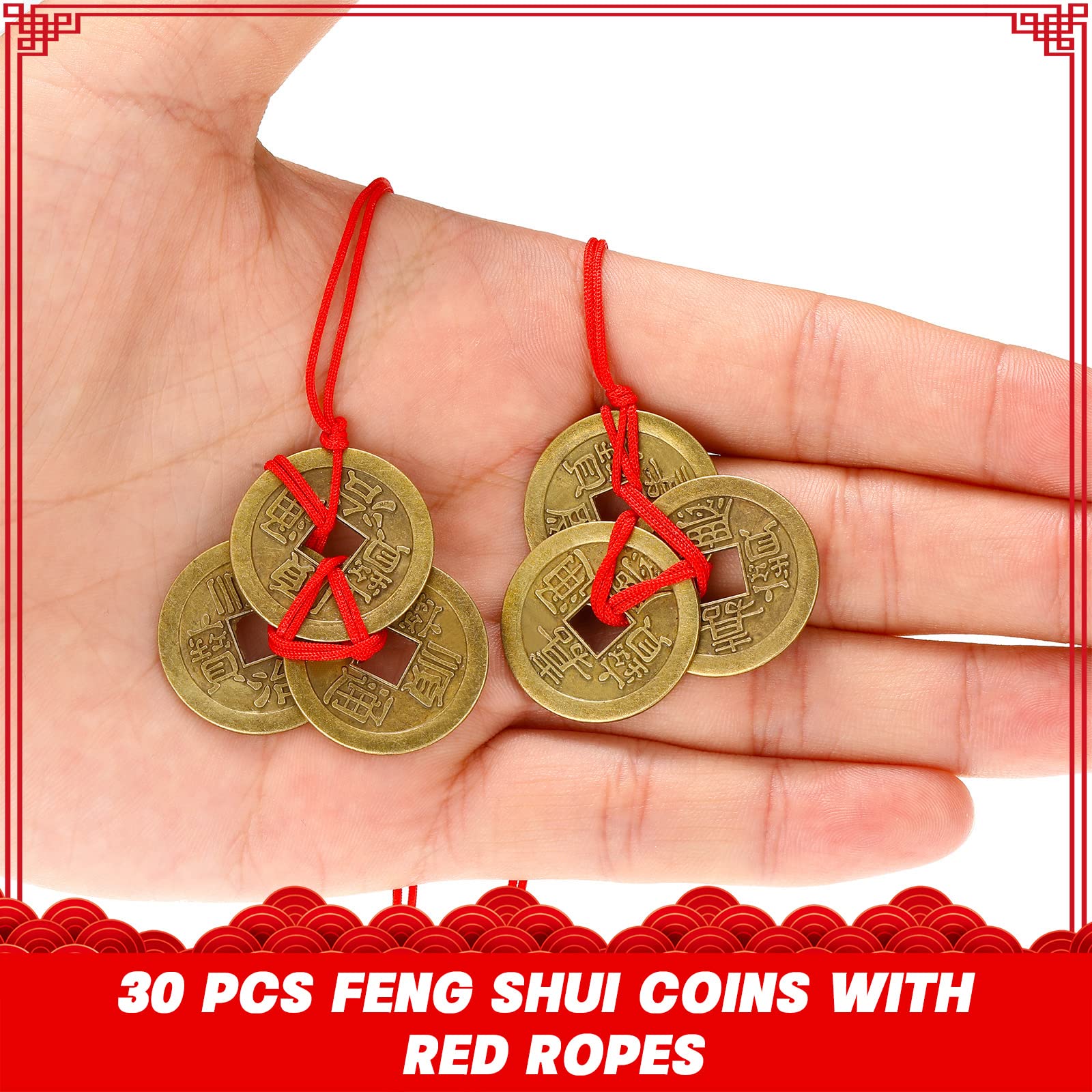 Hicarer 230-Piece Chinese Feng Shui Coins Set with Red Ropes for Good Luck, Wealth, and Health – Imitation Qing Dynasty I-Ching Coins in 5 Styles