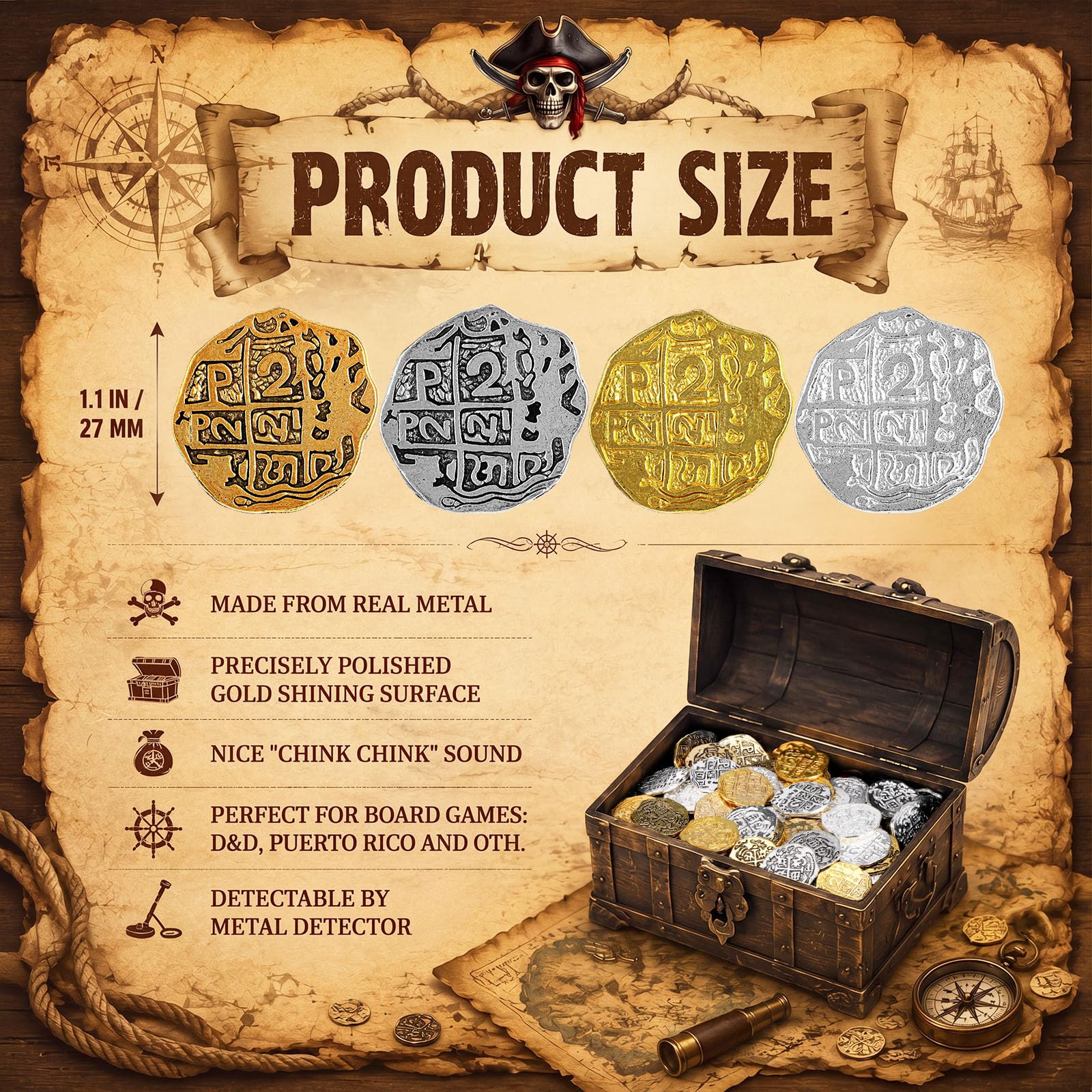 Hicarer 35-Piece Pirate Coin Set – Metal Treasure Coins in Bronze, Gold & Silver for Games and Party Decor