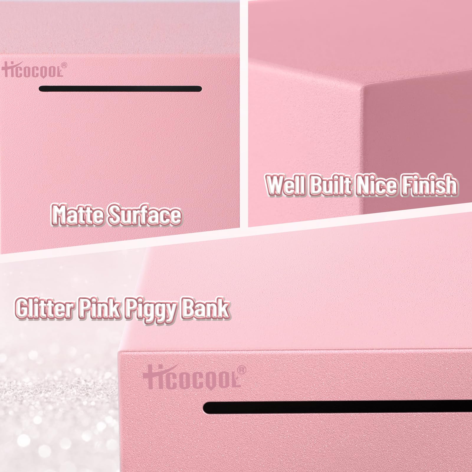 Hicocool Stainless Steel Piggy Bank for Adults – Unbreakable, Break-to-Open Money Box in Glitter Pink, Palm Size