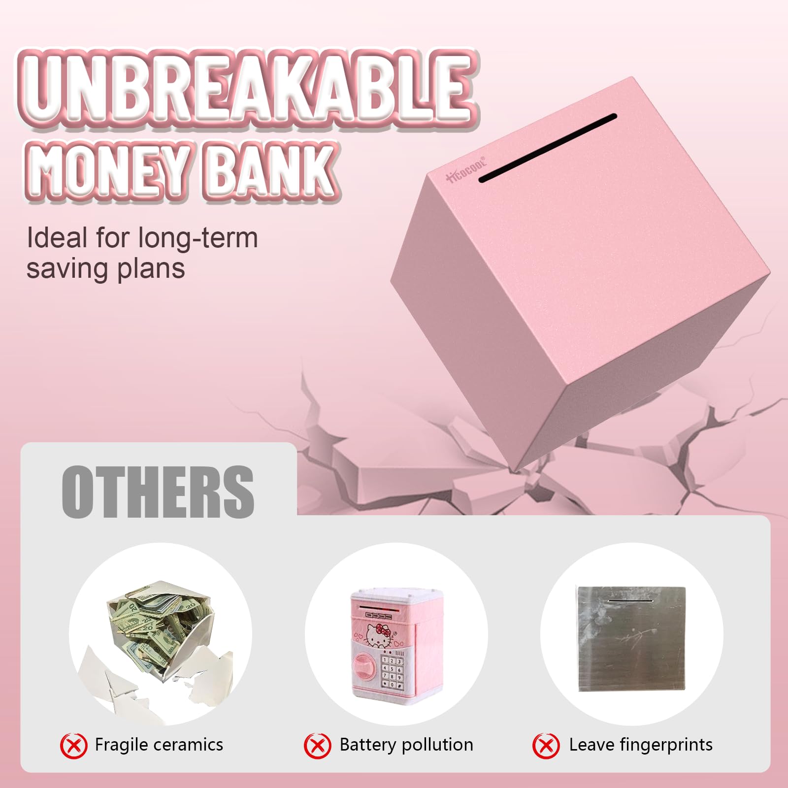 Hicocool Stainless Steel Piggy Bank for Adults – Unbreakable, Break-to-Open Money Box in Glitter Pink, Palm Size