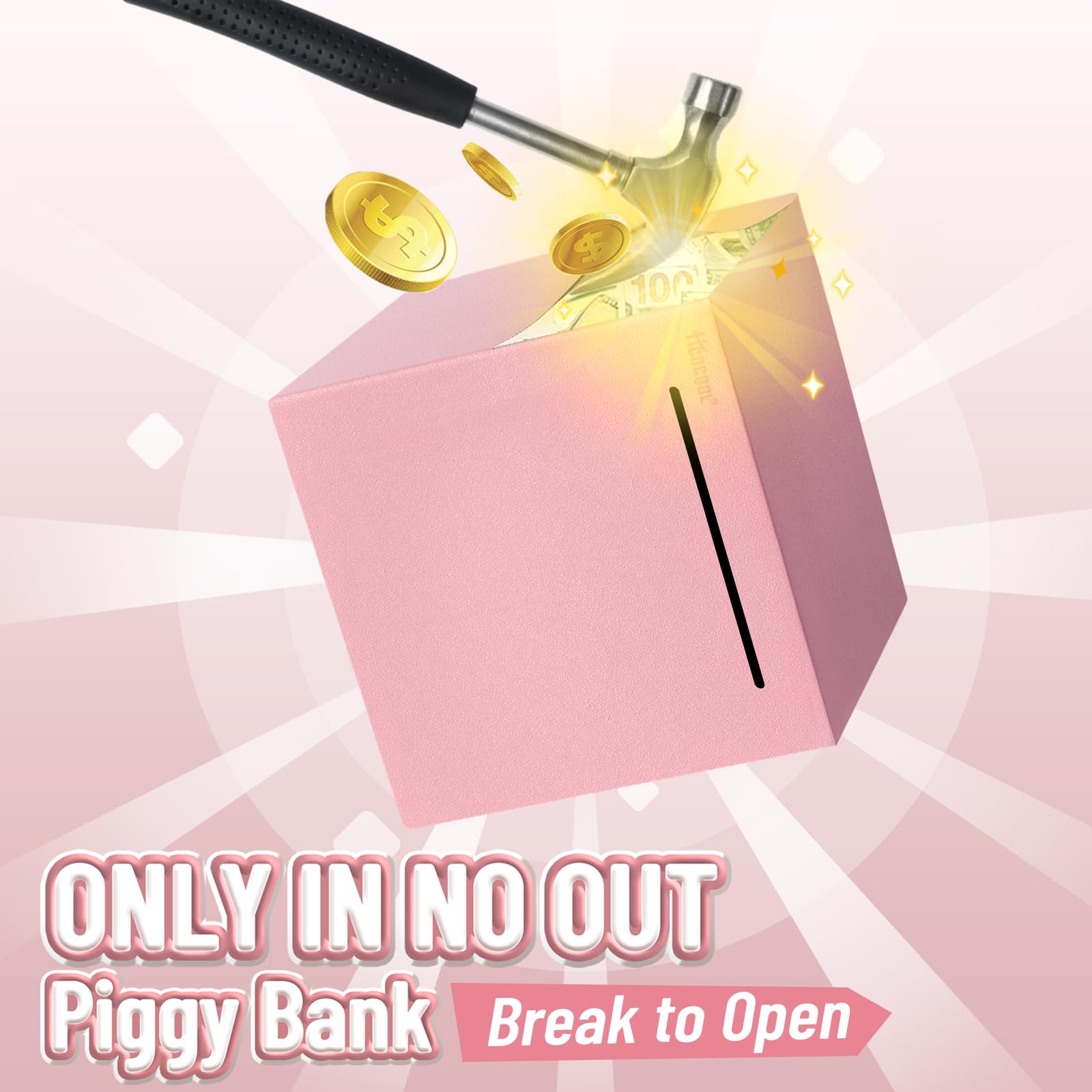 Hicocool Stainless Steel Piggy Bank for Adults – Unbreakable, Break-to-Open Money Box in Glitter Pink, Palm Size