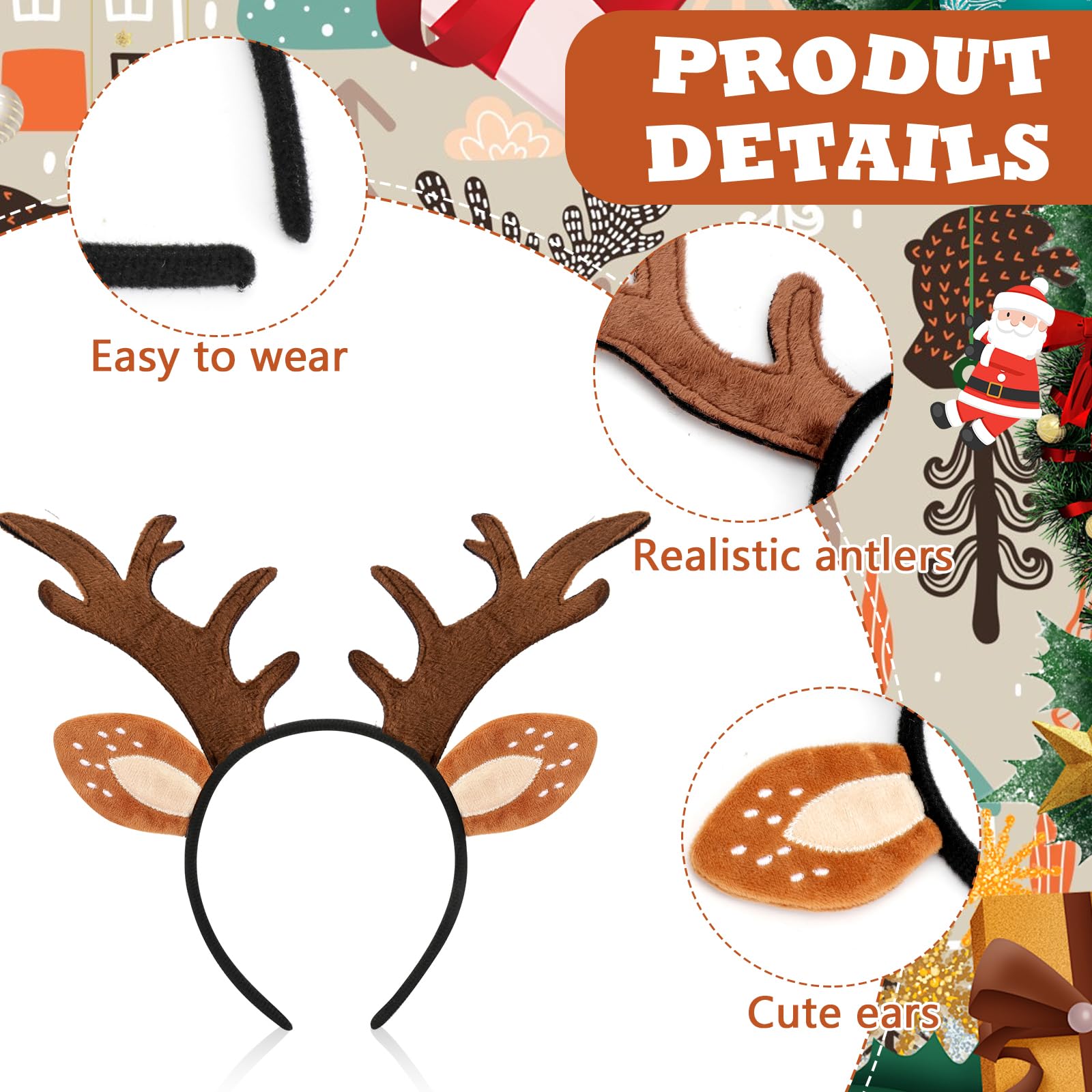 Hifot 2 Pack Reindeer Headbands for Adults - Adjustable Christmas Head Boppers with Antler Ears