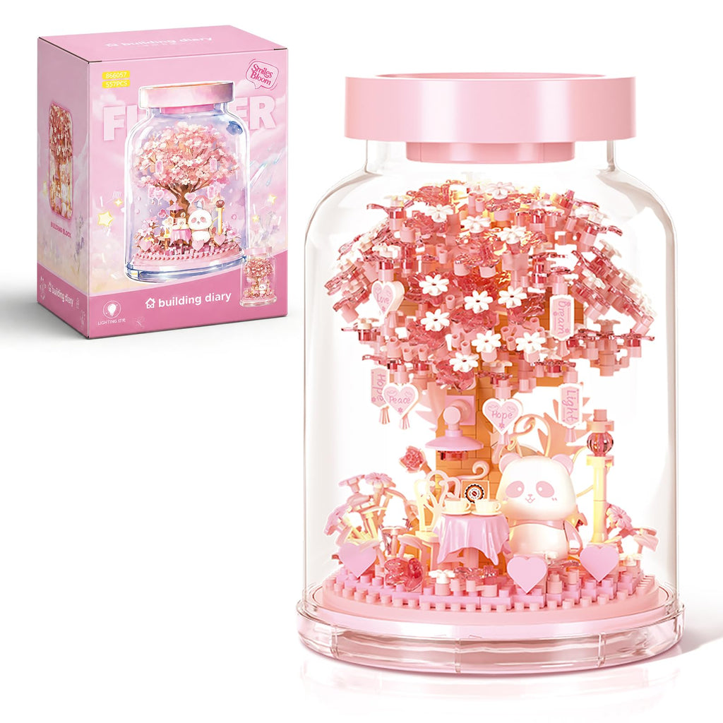 HIGH GODO Cherry Blossom Building Set (557 Pieces) with Dust Cover - Mini Japanese House Model for Home Office Decor, Creative Gift for Ages 14+