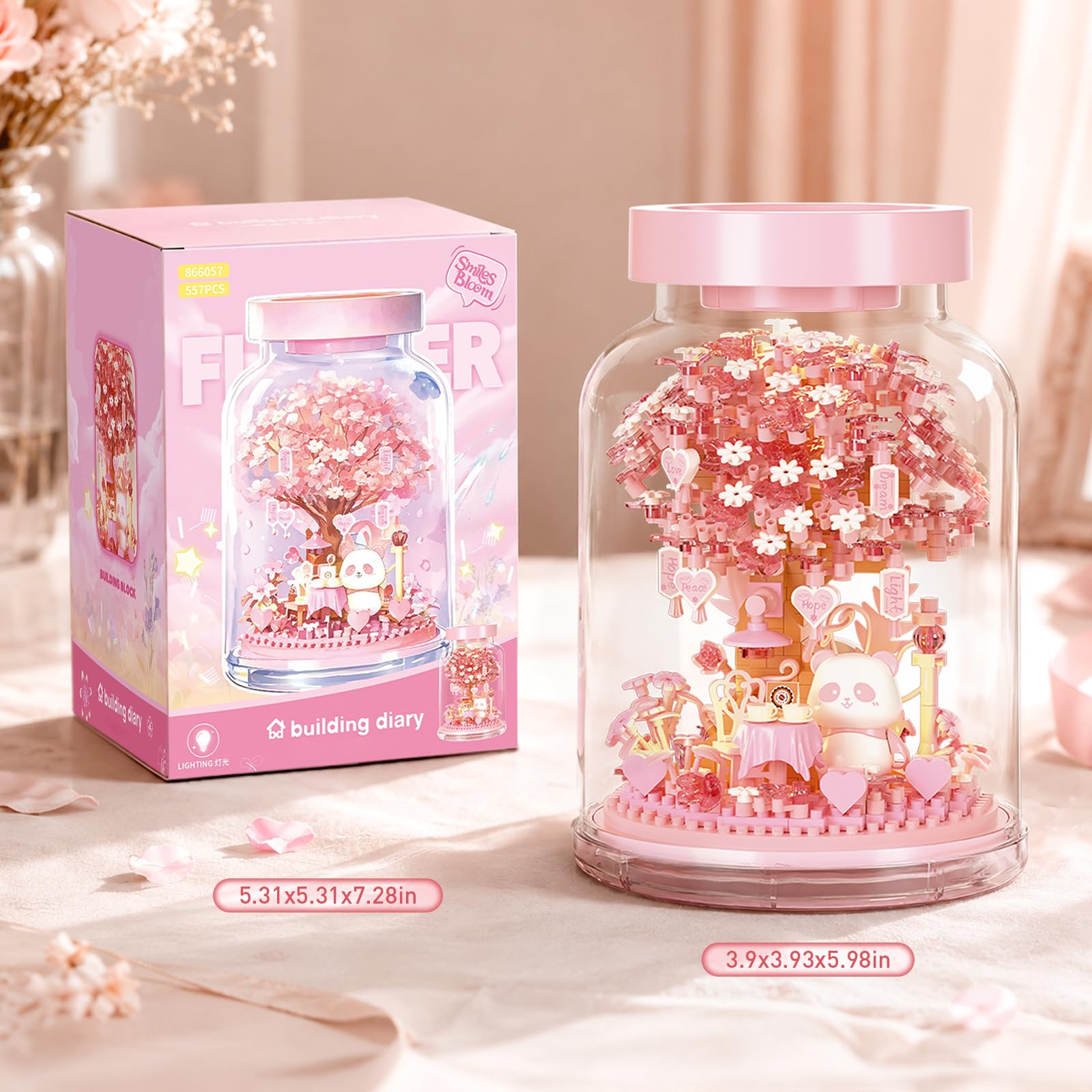 HIGH GODO Cherry Blossom Building Set (557 Pieces) with Dust Cover - Mini Japanese House Model for Home Office Decor, Creative Gift for Ages 14+