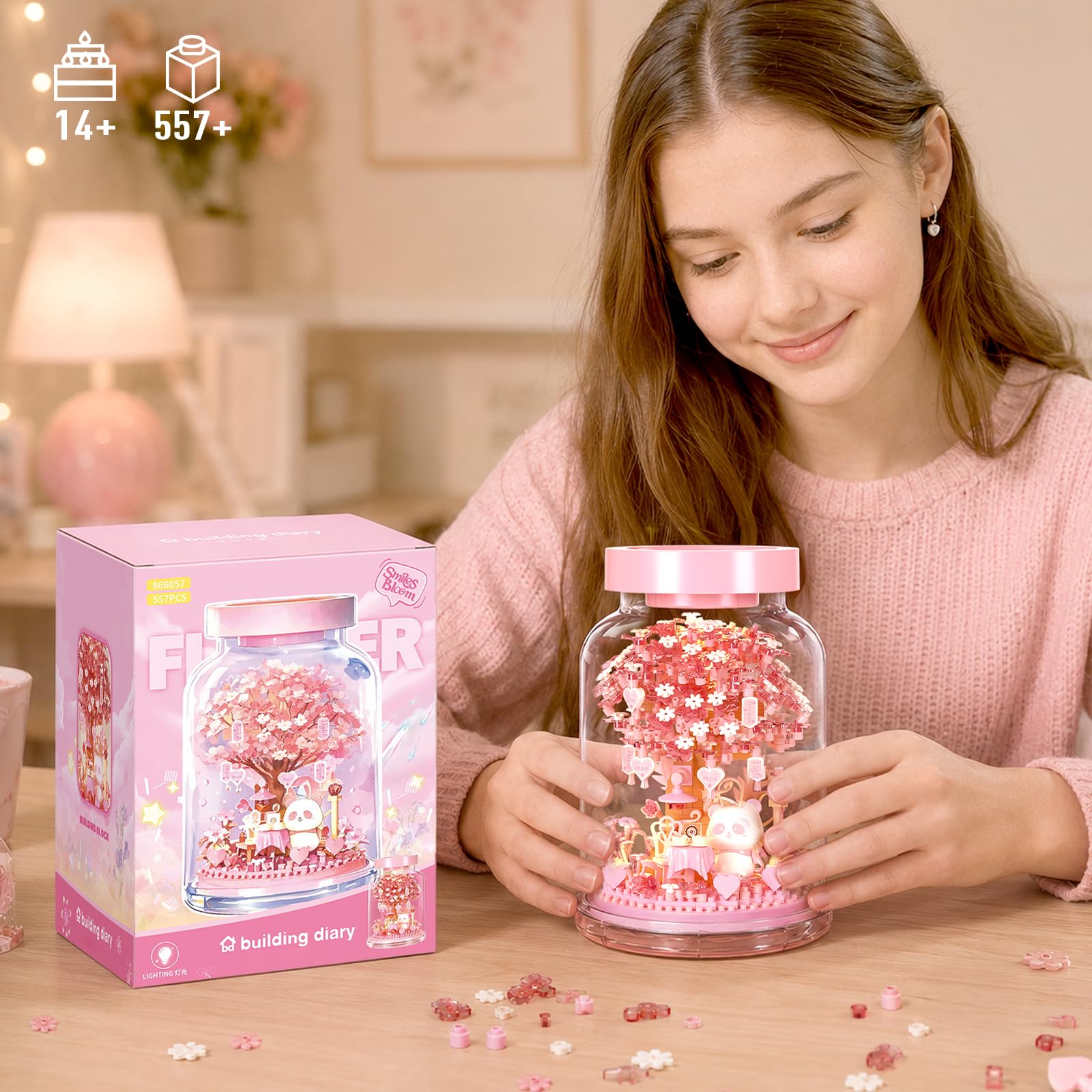HIGH GODO Cherry Blossom Building Set (557 Pieces) with Dust Cover - Mini Japanese House Model for Home Office Decor, Creative Gift for Ages 14+