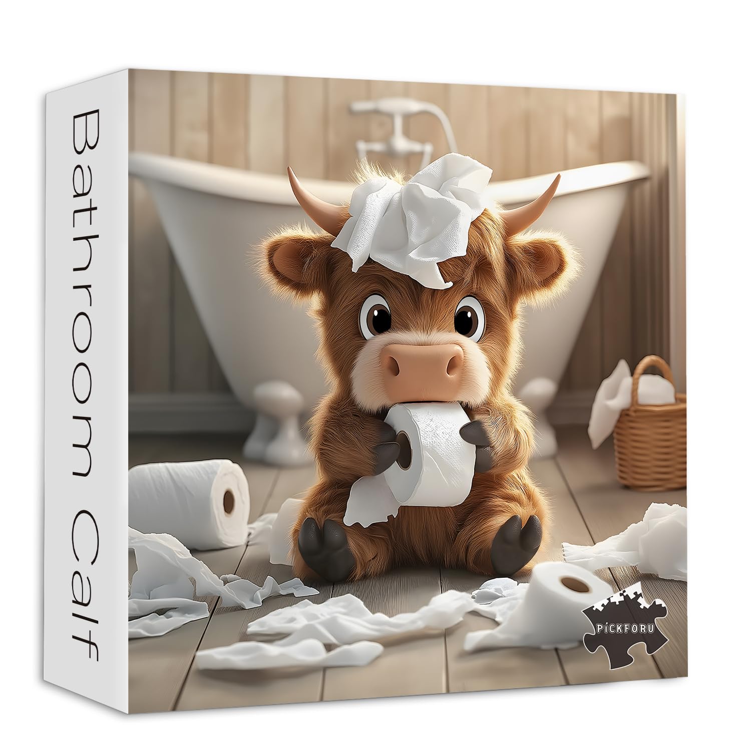 Highland Cow 1000-Piece Puzzle - Funny Calf Bathroom Scene, 23.85 x 23.85 inches