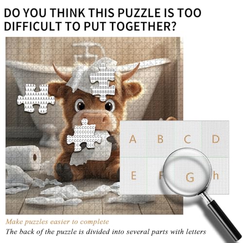 Highland Cow 1000-Piece Puzzle - Funny Calf Bathroom Scene, 23.85 x 23.85 inches