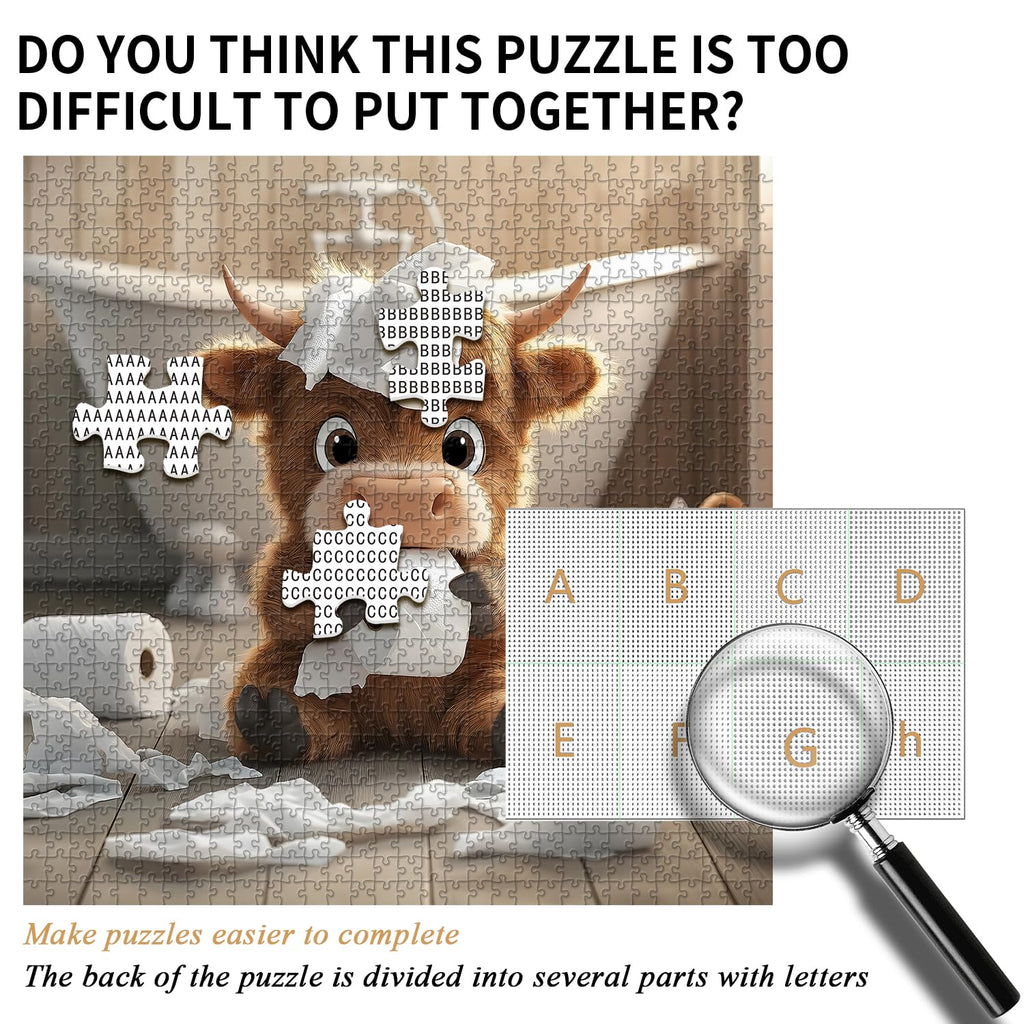 Highland Cow 1000-Piece Puzzle - Funny Calf Bathroom Scene, 23.85 x 23.85 inches