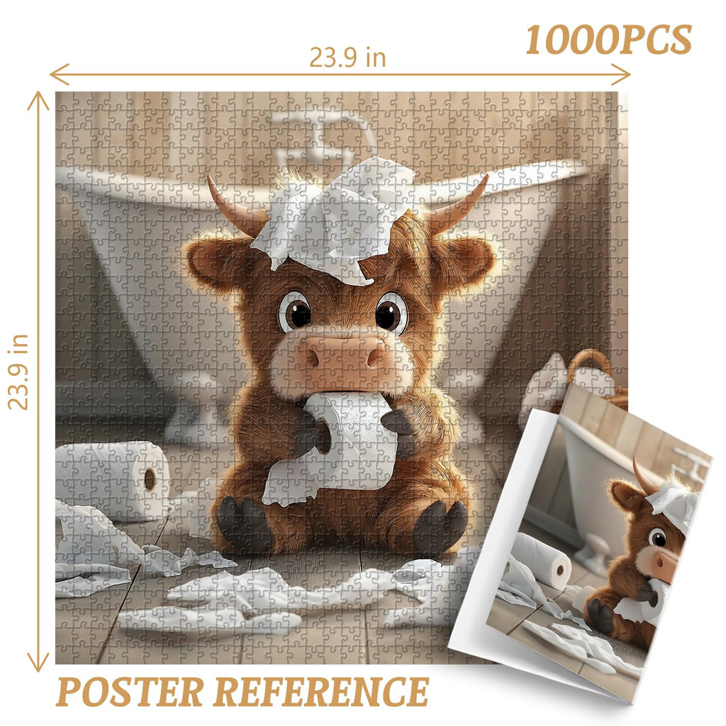 Highland Cow 1000-Piece Puzzle - Funny Calf Bathroom Scene, 23.85 x 23.85 inches