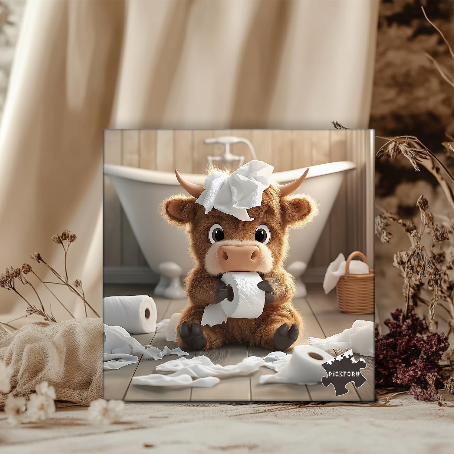 Highland Cow 1000-Piece Puzzle - Funny Calf Bathroom Scene, 23.85 x 23.85 inches