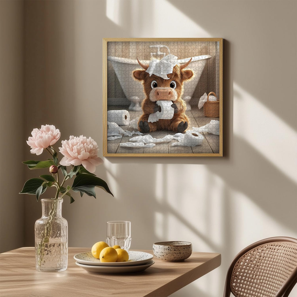Highland Cow 1000-Piece Puzzle - Funny Calf Bathroom Scene, 23.85 x 23.85 inches