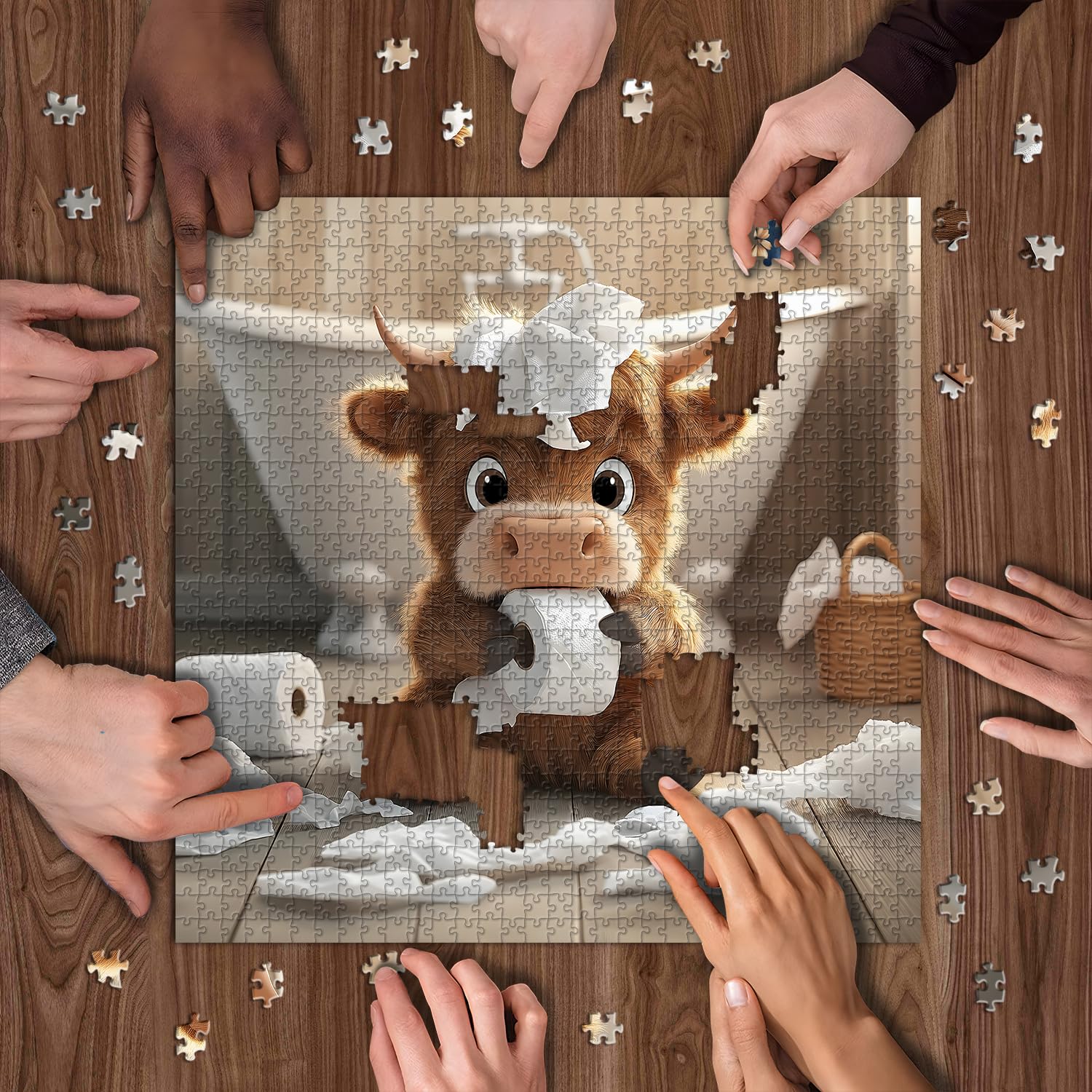 Highland Cow 1000-Piece Puzzle - Funny Calf Bathroom Scene, 23.85 x 23.85 inches