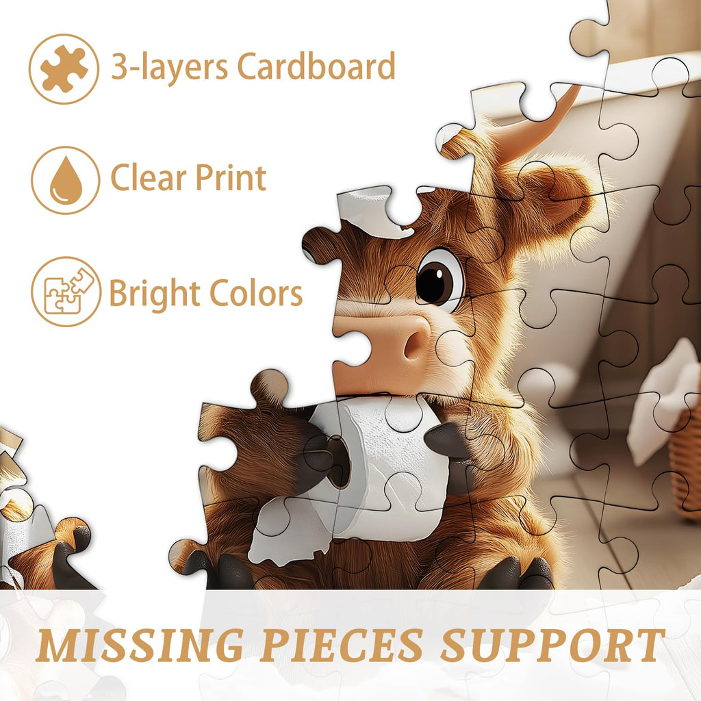 Highland Cow 1000-Piece Puzzle - Funny Calf Bathroom Scene, 23.85 x 23.85 inches