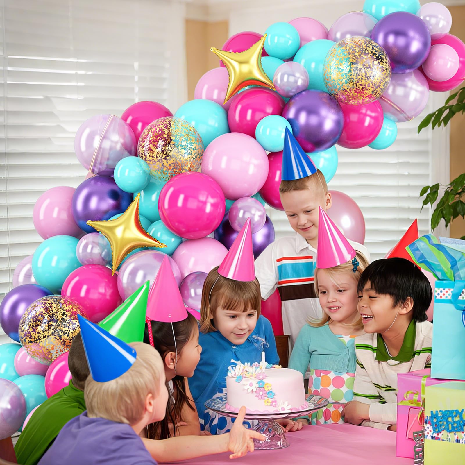 HILAVO 105-Piece Balloon Arch Kit: Teal, Hot Pink, Metallic Purple, Pastel Pink, Pearl Purple, Gold Confetti & Star Foil Balloons