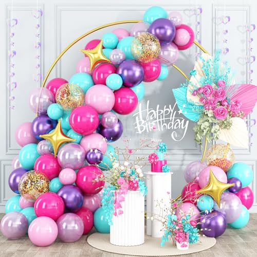 HILAVO 105-Piece Balloon Arch Kit: Teal, Hot Pink, Metallic Purple, Pastel Pink, Pearl Purple, Gold Confetti & Star Foil Balloons