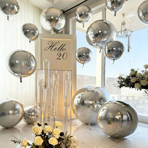 HILAVO 12-Pack Silver Foil Balloons - 22, 15, and 10 Inch 4D Round Balloons for Parties