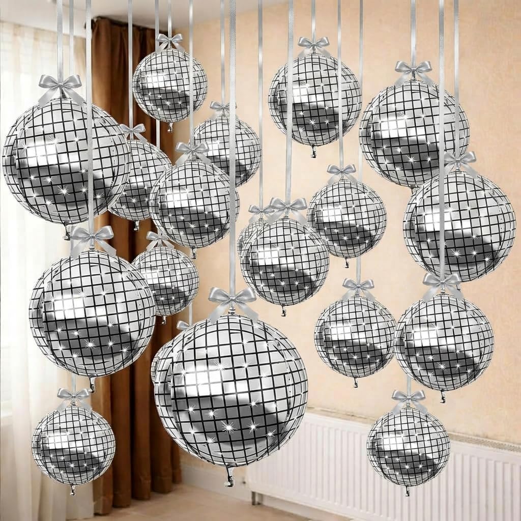 HILAVO 16-Piece Disco Ball Balloons Set - Metallic Silver Foil Balloons for Retro Party Decor