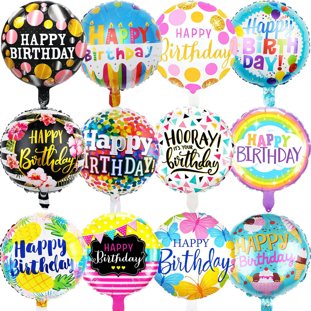 HILAVO 36-Pack 18-Inch Foil Birthday Balloons, 12 Patterns, Reusable Party Decor