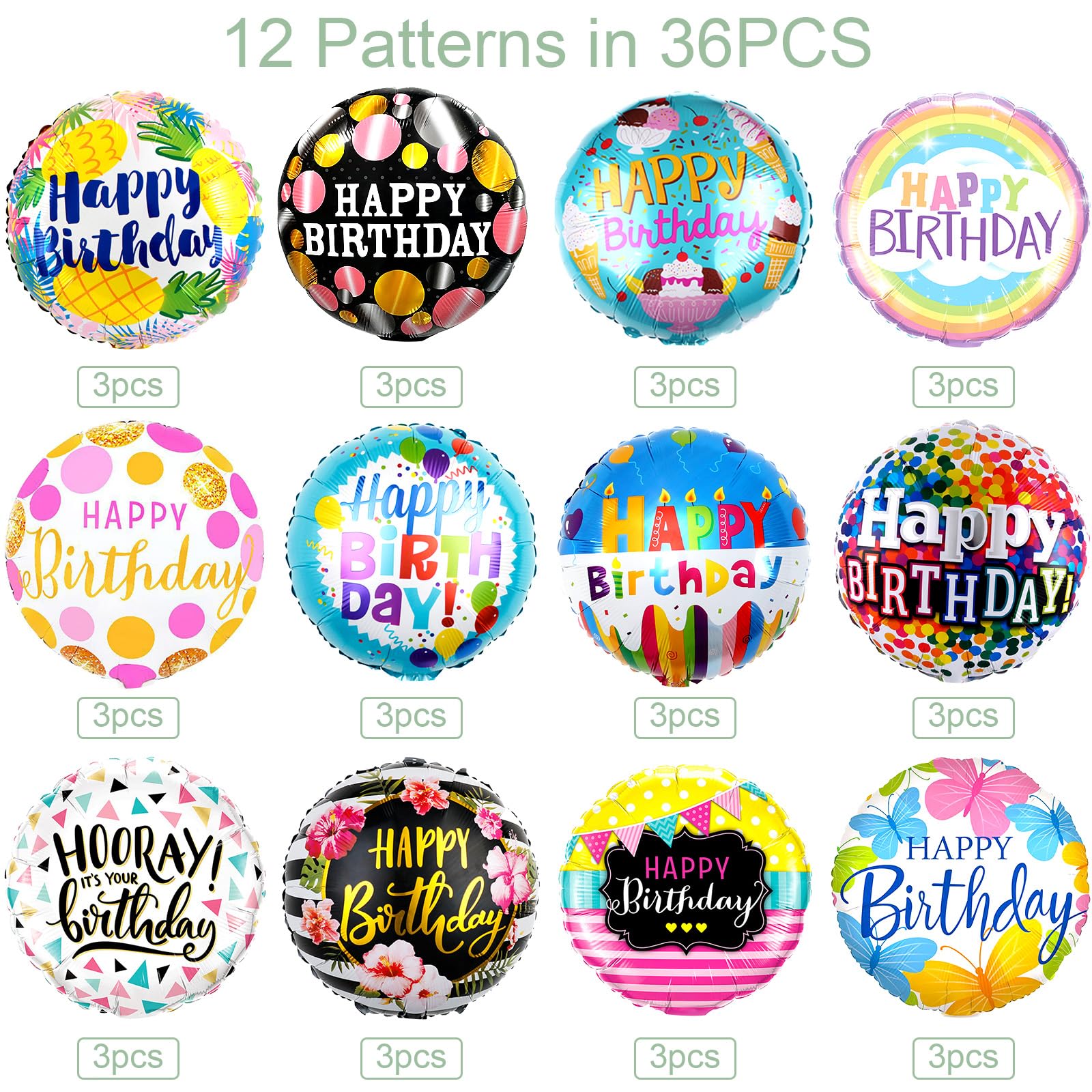 HILAVO 36-Pack 18-Inch Foil Birthday Balloons, 12 Patterns, Reusable Party Decor