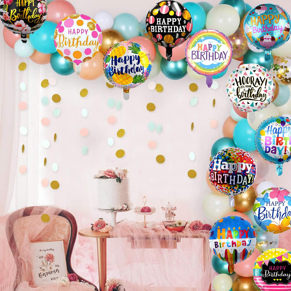 HILAVO 36-Pack 18-Inch Foil Birthday Balloons, 12 Patterns, Reusable Party Decor