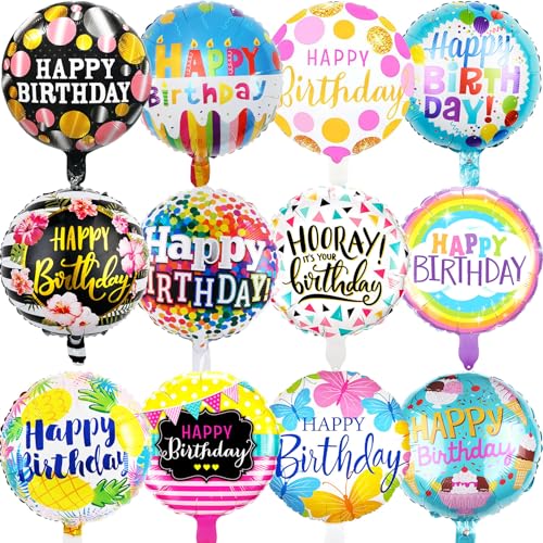 HILAVO 36-Pack 18-Inch Foil Birthday Balloons, 12 Patterns, Reusable Party Decor