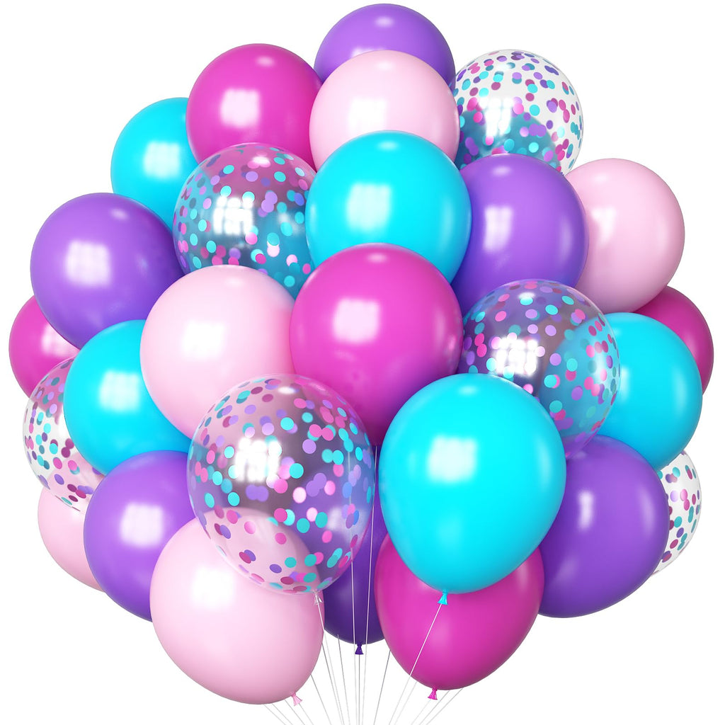 HILAVO 60-Pack Pink Purple Teal Latex Balloons - 12 Inch Hot Pink, Light Pink, Teal, Purple & Confetti Balloons for Parties