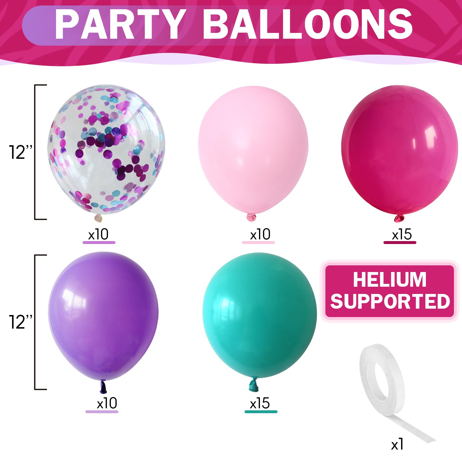 HILAVO 60-Pack Pink Purple Teal Latex Balloons - 12 Inch Hot Pink, Light Pink, Teal, Purple & Confetti Balloons for Parties