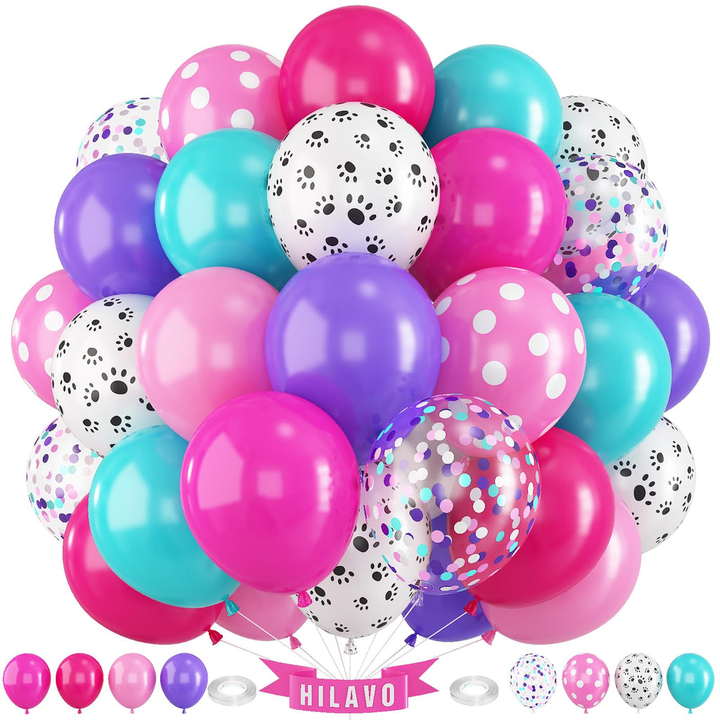HILAVO 60-Piece Dog Paw Balloons Set – 12 Inch Pink, Purple & Teal Latex Balloons for Party Decor