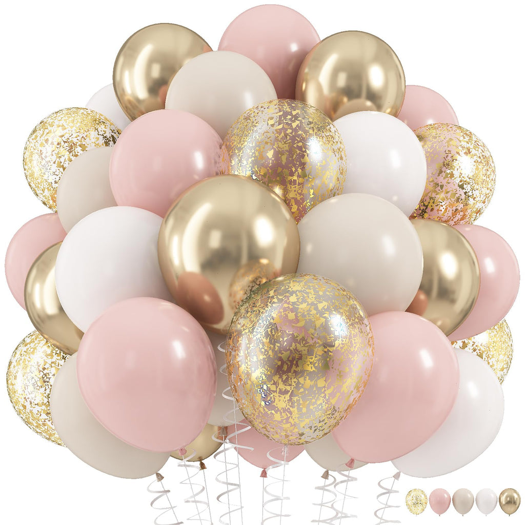 HILAVO 60Pcs Dusty Pink & Gold Balloons Set - 12 Inch Retro Blush, White Sand, Beige, Metallic Gold, Confetti for Party Decor