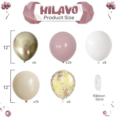 HILAVO 60Pcs Dusty Pink & Gold Balloons Set - 12 Inch Retro Blush, White Sand, Beige, Metallic Gold, Confetti for Party Decor