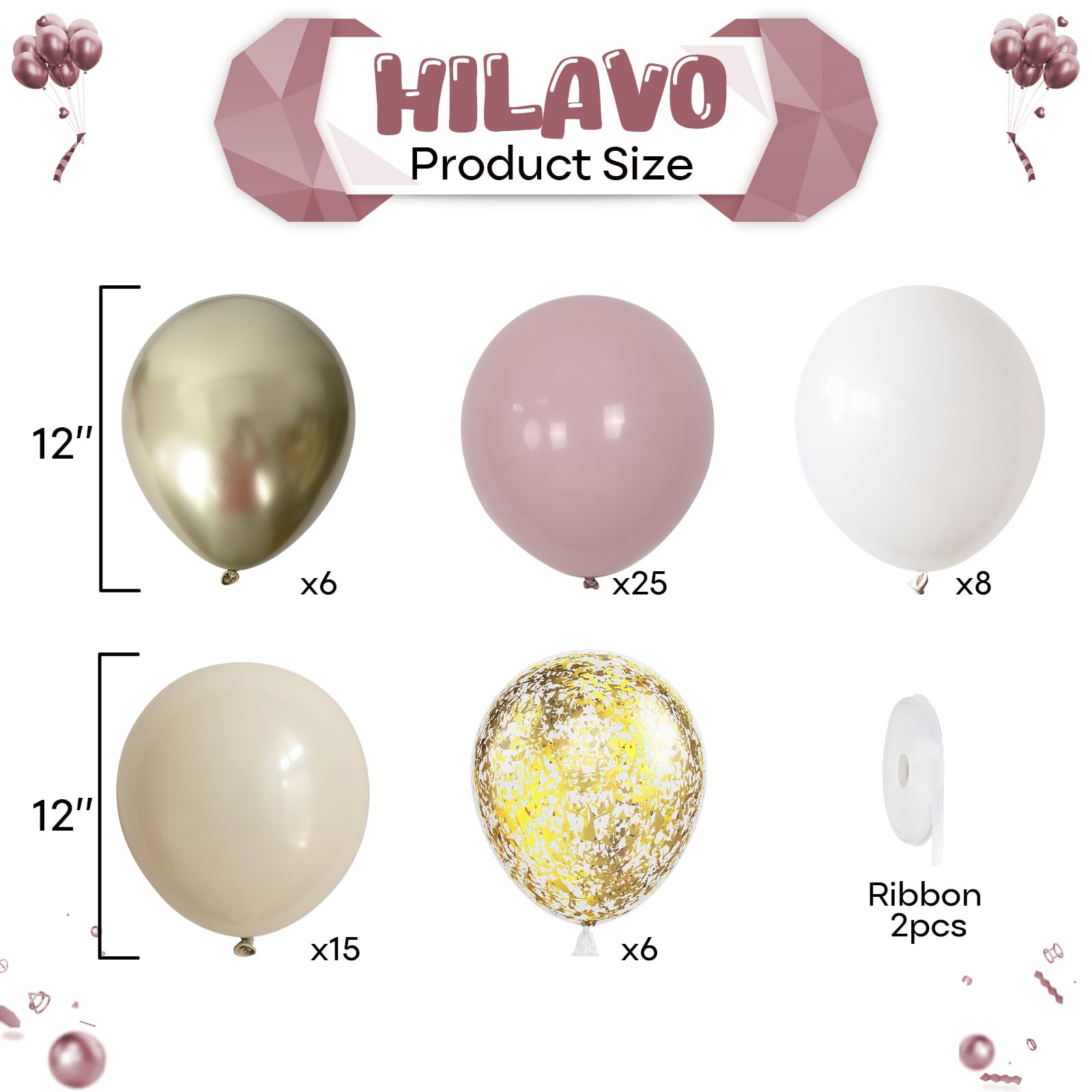 HILAVO 60Pcs Dusty Pink & Gold Balloons Set - 12 Inch Retro Blush, White Sand, Beige, Metallic Gold, Confetti for Party Decor