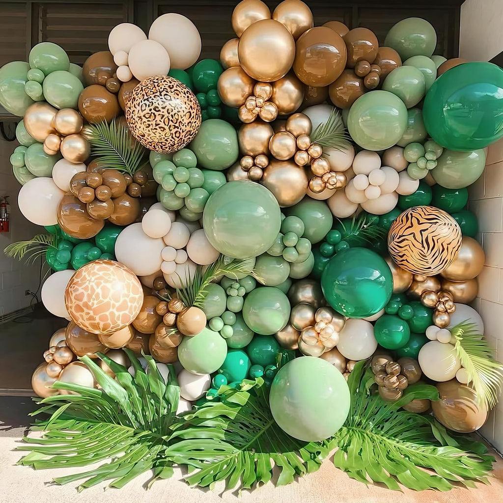 HILAVO 84-Piece Safari Balloon Garland Kit – Sage Green, Brown, Animal Print & Woodland Camo for Jungle/Hunting Themed Parties