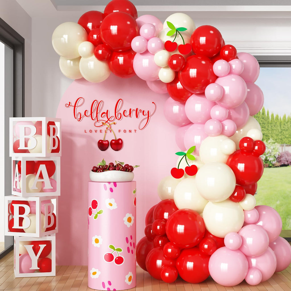 HILAVO 91-Piece Cherry Balloon Arch Kit - Pink, Red & Pastel Yellow Balloons for Strawberry Baby Shower & Birthday Parties