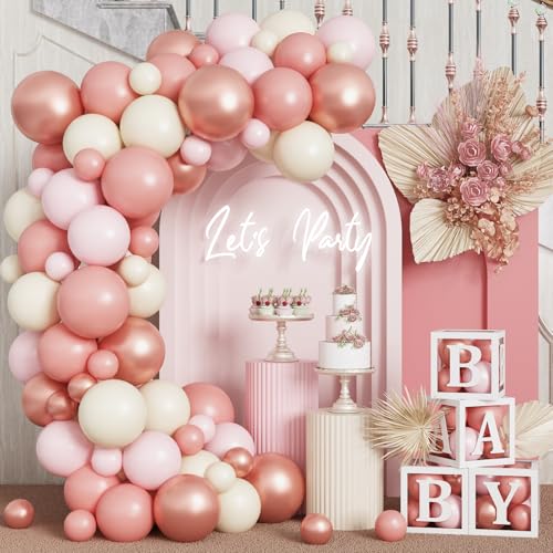 HILAVO Blush Pink Balloon Garland Kit – 88 Piece Dusty Rose, Gold & Beige Latex Balloons for Boho Baby Shower, Wedding & Birthday Decor