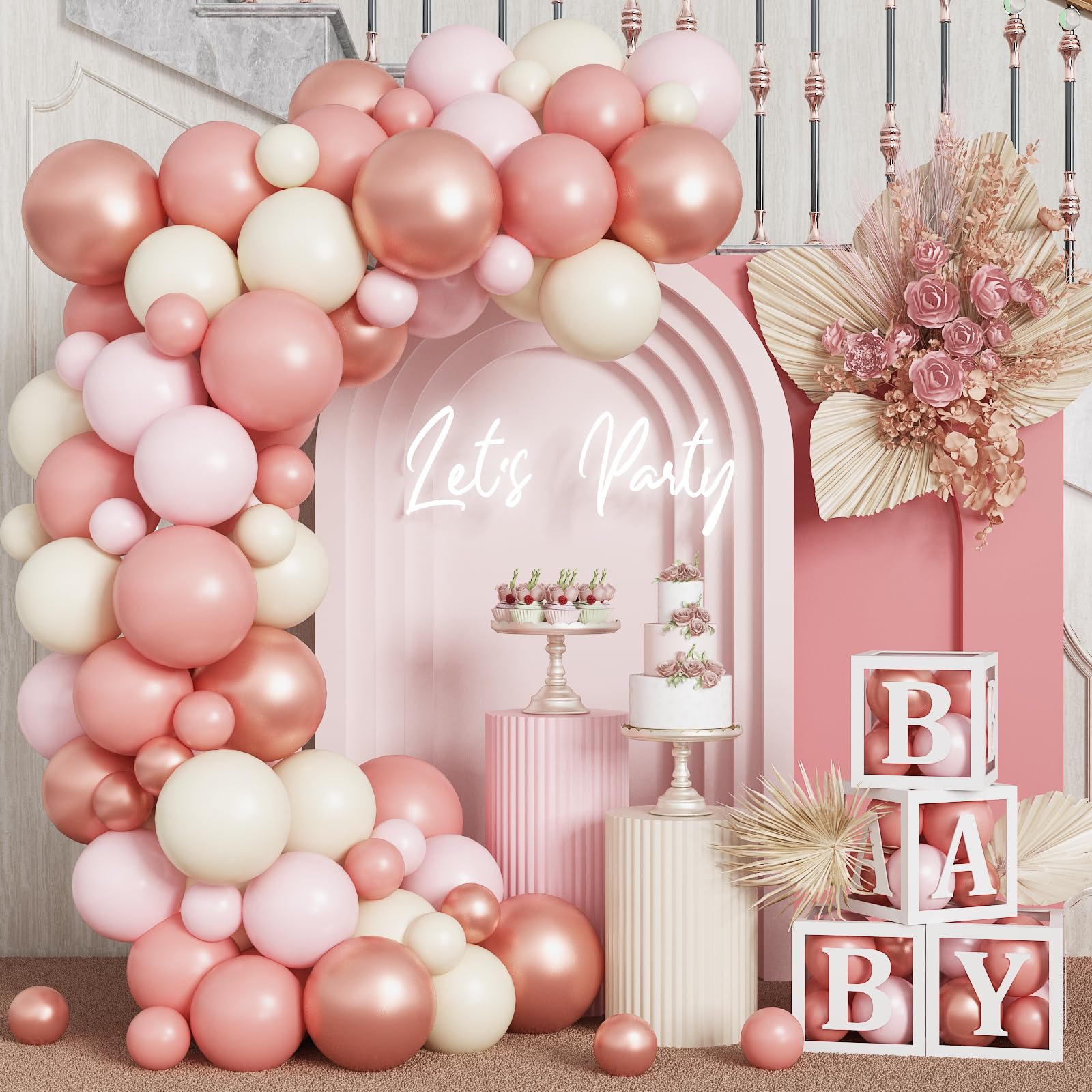 HILAVO Blush Pink Balloon Garland Kit – 88 Piece Dusty Rose, Gold & Beige Latex Balloons for Boho Baby Shower, Wedding & Birthday Decor
