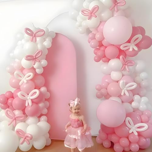 HILAVO Pink Bow Balloon Arch Kit 91 Pcs - Coquette Pastel Pink and White Birthday Decor