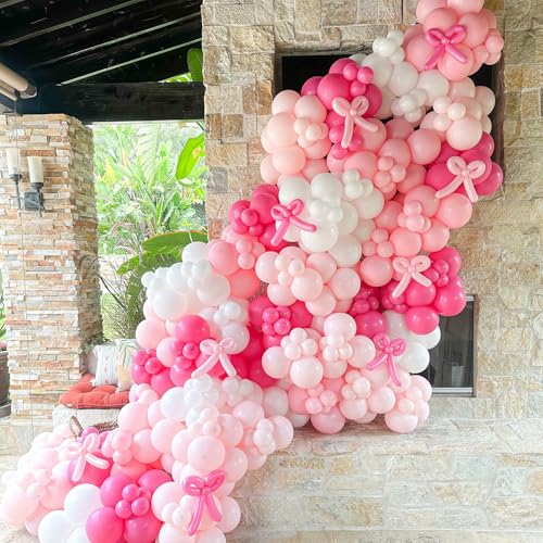 HILAVO Pink Bow Balloon Arch Kit 91 Pcs - Coquette Pastel Pink and White Birthday Decor
