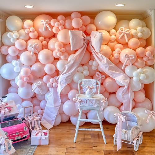 HILAVO Pink Bow Balloon Arch Kit 91 Pcs - Coquette Pastel Pink and White Birthday Decor