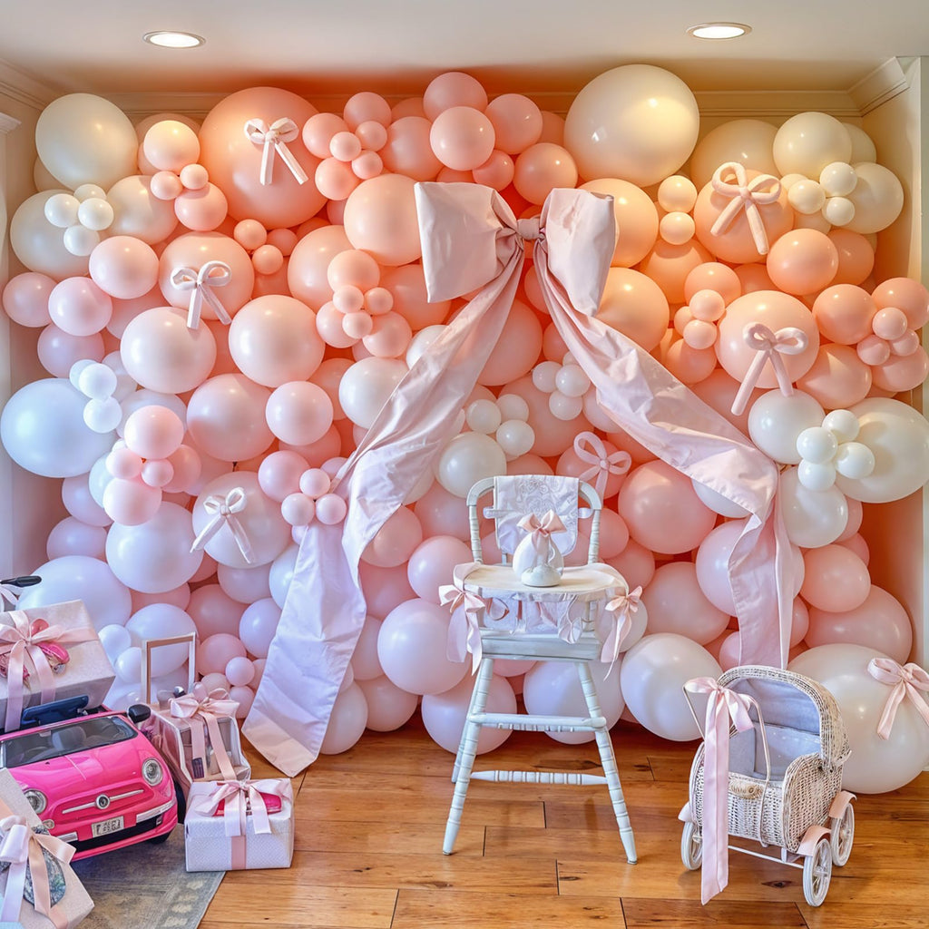 HILAVO Pink Bow Balloon Arch Kit 91 Pcs - Coquette Pastel Pink and White Birthday Decor