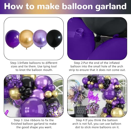 HILAVO Purple Black and Gold Balloon Arch Kit – 85 Piece Graduation Garland with Dark Purple, Metallic Gold, Confetti Balloons