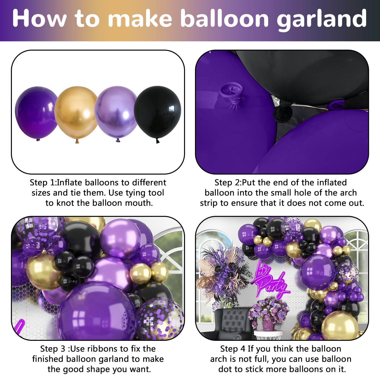 HILAVO Purple Black and Gold Balloon Arch Kit – 85 Piece Graduation Garland with Dark Purple, Metallic Gold, Confetti Balloons
