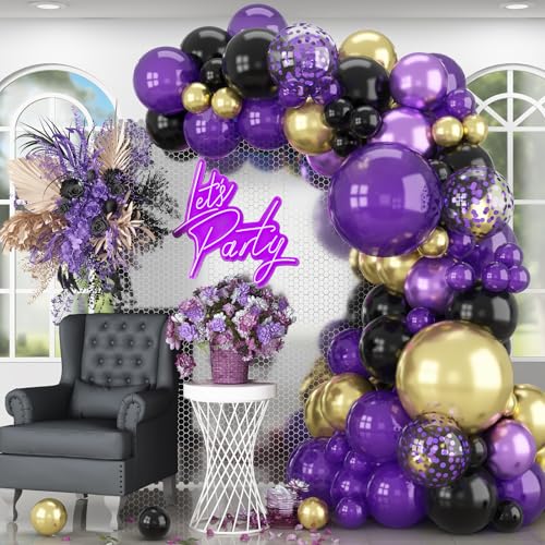 HILAVO Purple Black and Gold Balloon Arch Kit – 85 Piece Graduation Garland with Dark Purple, Metallic Gold, Confetti Balloons