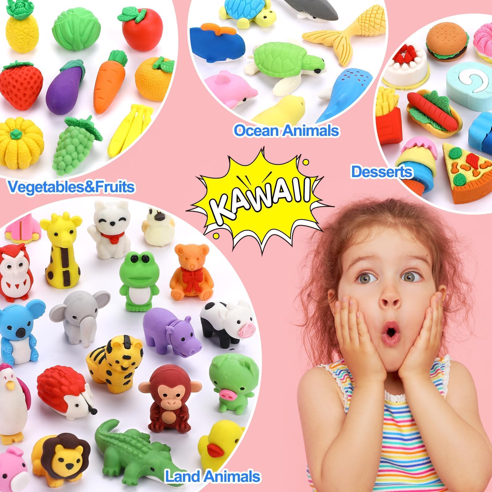 HINZER 50 Pack Animal Erasers for Kids - 3D Puzzle Erasers, Bulk Classroom Rewards and Party Favors