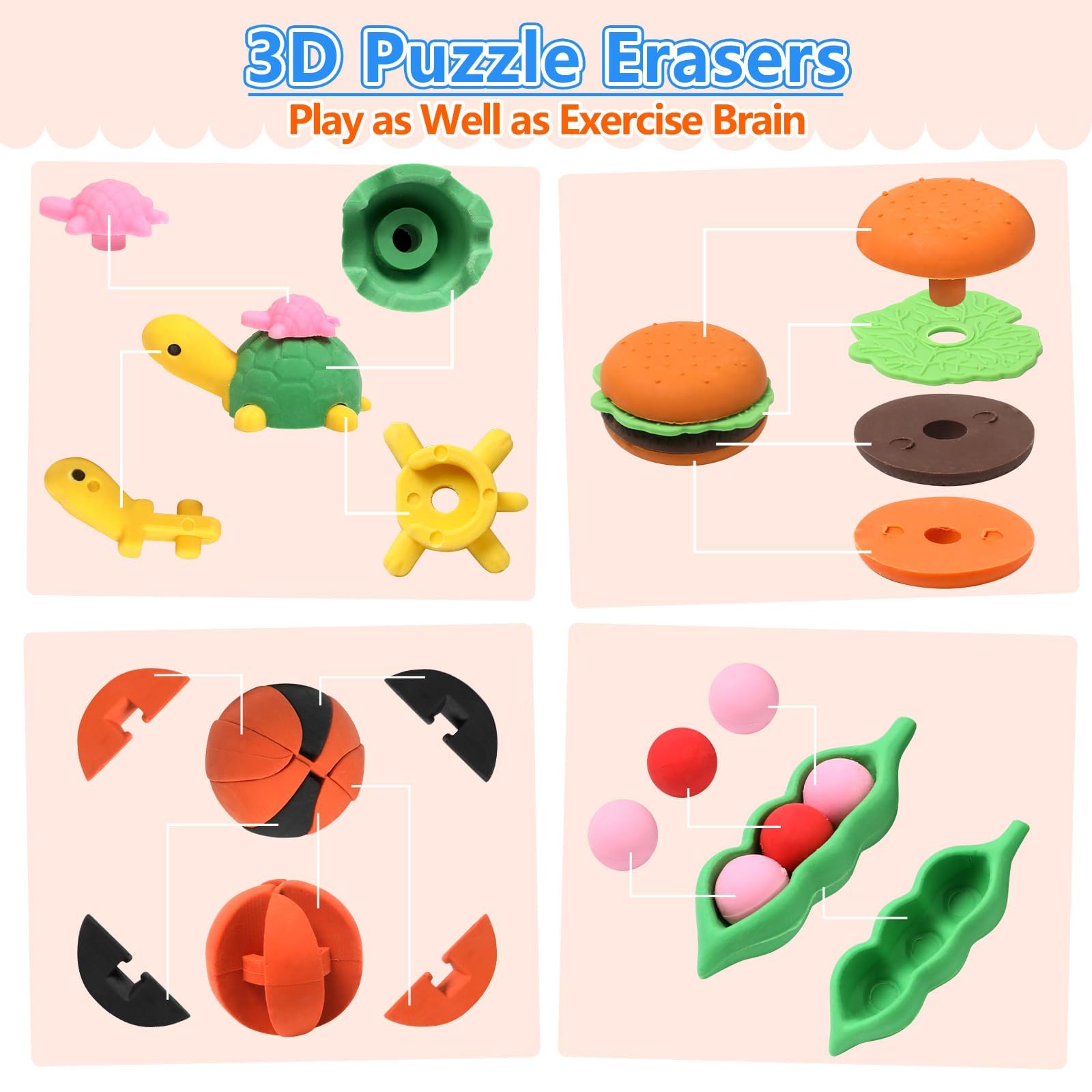 HINZER 50 Pack Animal Erasers for Kids - 3D Puzzle Erasers, Bulk Classroom Rewards and Party Favors
