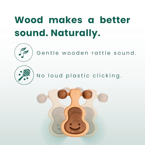 HippoToys Wooden Baby Rattle - Natural Beechwood Teething Toy for 0-12 Months, Montessori Sensory Gift