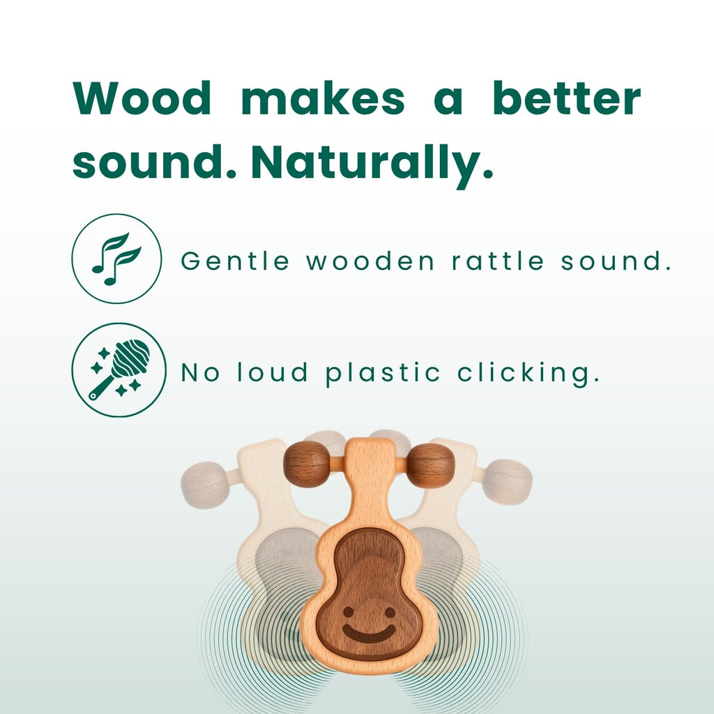 HippoToys Wooden Baby Rattle - Natural Beechwood Teething Toy for 0-12 Months, Montessori Sensory Gift